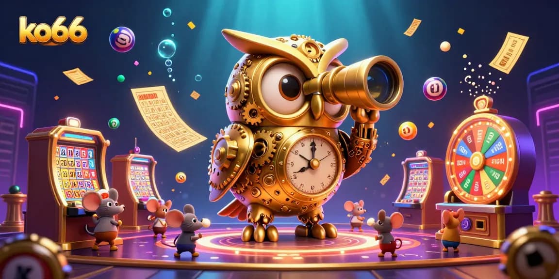 Experience the excitement of ko66 with a vibrant 3D casino scene showcasing a golden owl and lively slot machines.