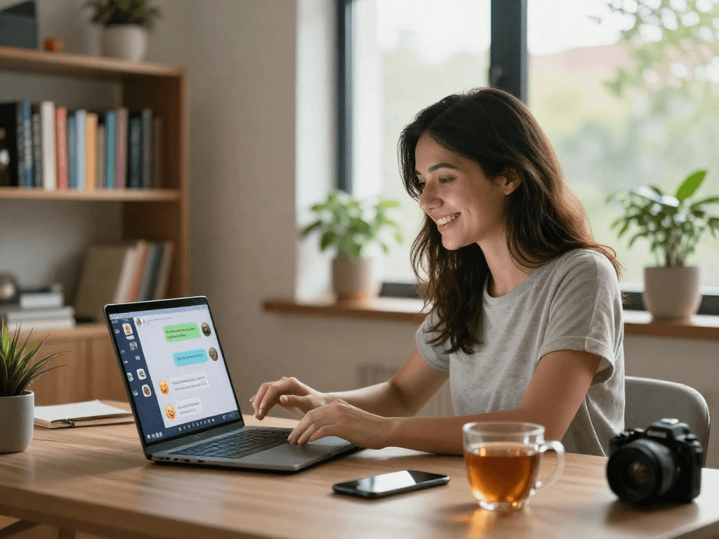 Engaging home office scene featuring a woman interacting with sex chat ai on a vibrant laptop.