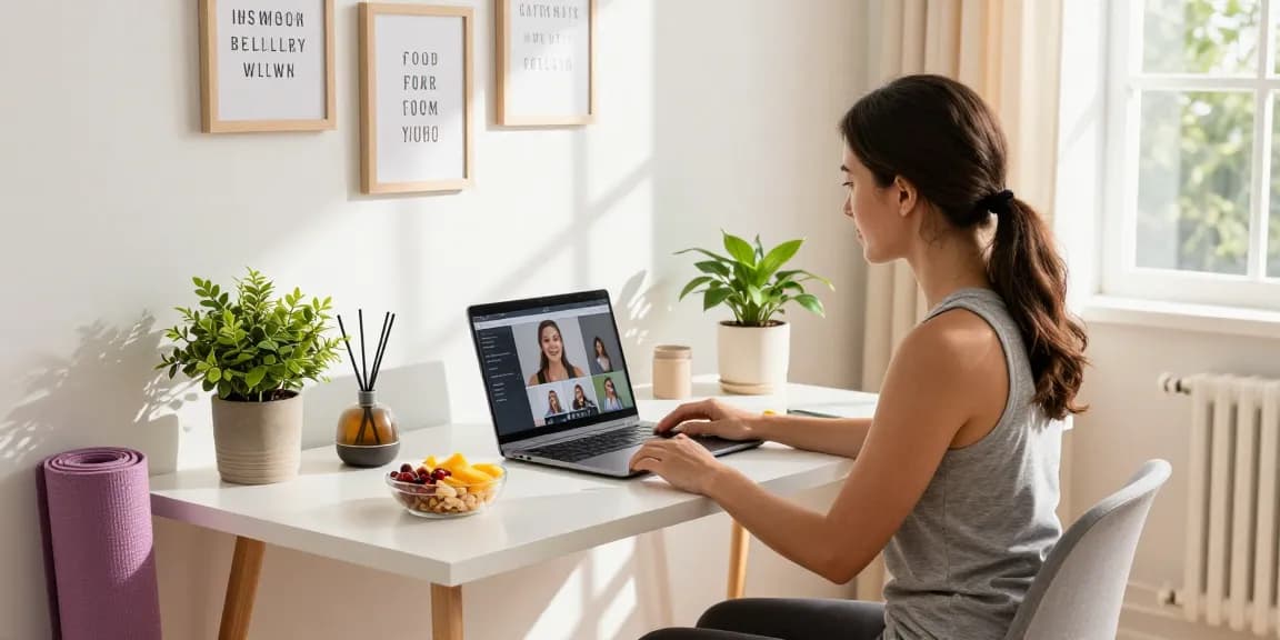 Wellness workspace at https://koiaminos.com, featuring a health coach in a bright home office with motivational quotes, plants, and healthy snacks.