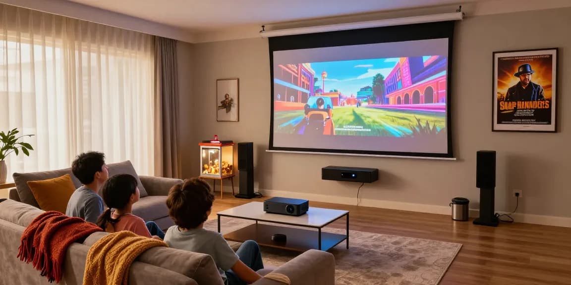 Family enjoying movie night with the best projector 2026 in a cozy home theater setting.