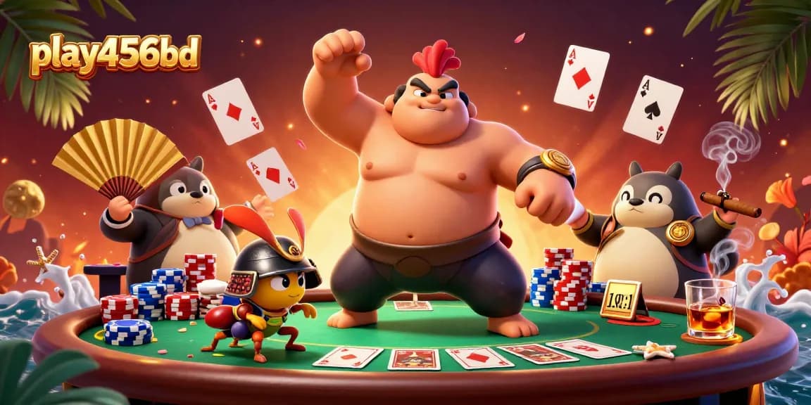 Engage with play456bd through an intense poker scene featuring a sumo wrestler rooster, fighting cricket, and tanuki announcer.