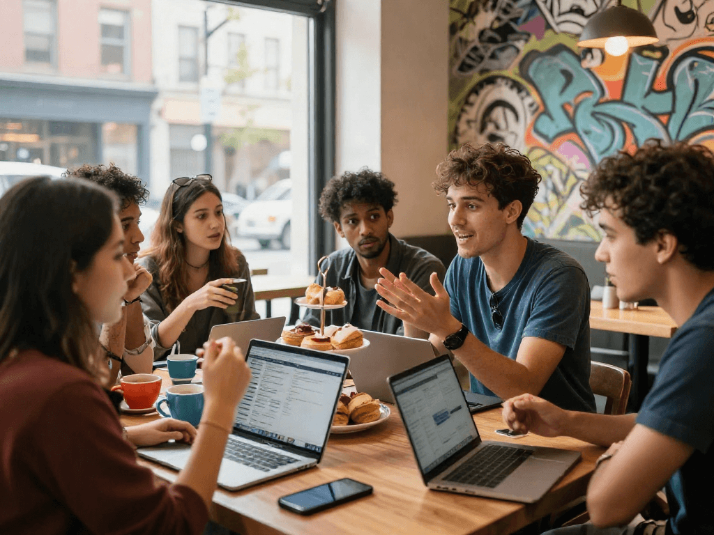 Enthusiastic group enjoying a spicy chat in a lively café setting, promoting digital connections.