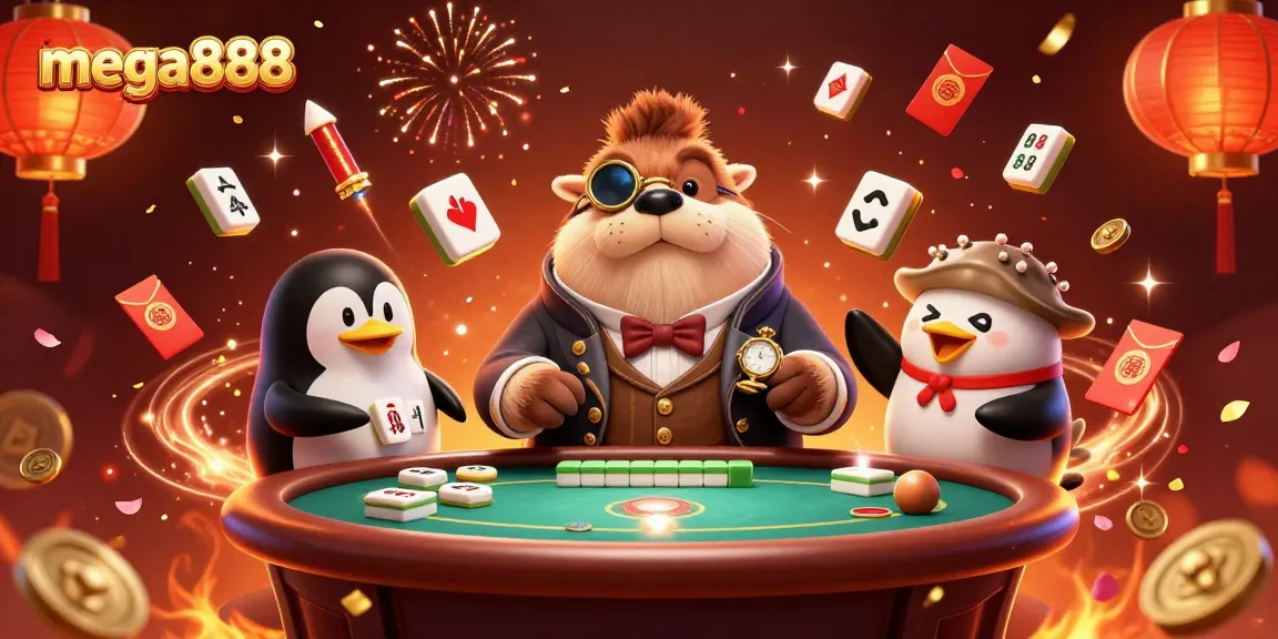Mega888 offers an engaging underwater poker scene with a jolly walrus and playful characters, capturing excitement.