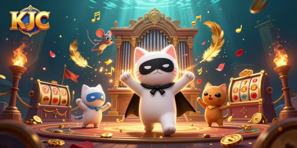KJC showcases thrilling gameplay with a 3D phantom cat at a casino pipe organ amidst dynamic slot action.