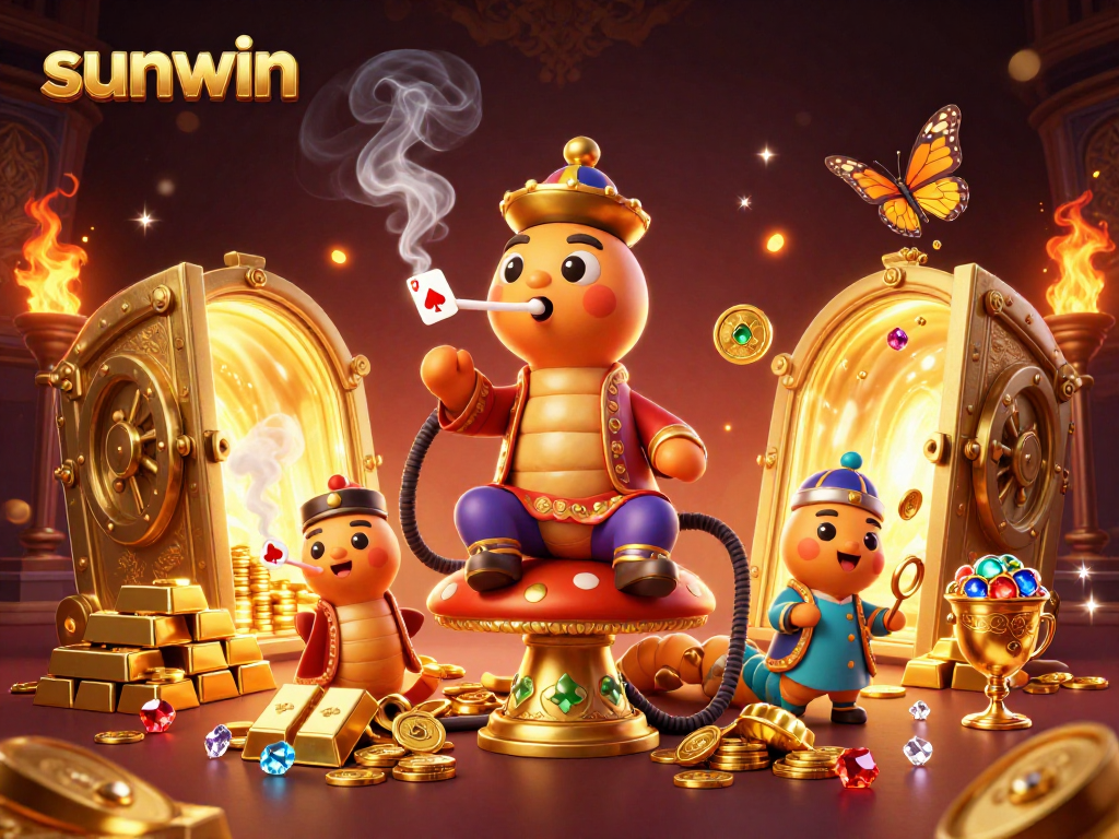 Experience the vibrant excitement of sunwin, depicted with a rich casino scene featuring a hookah-master and treasure.