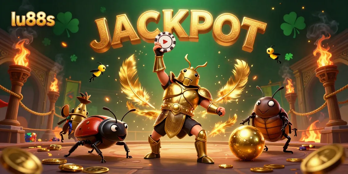 lu88s celebrates a jackpot with a hercules beetle and a golden poker chip in a lively casino scene