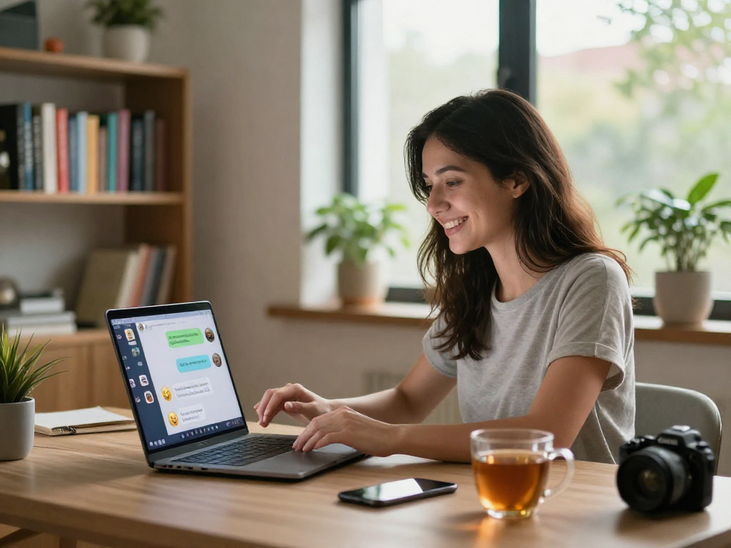 Engaging home office scene featuring a woman interacting with sex chat ai on a vibrant laptop.