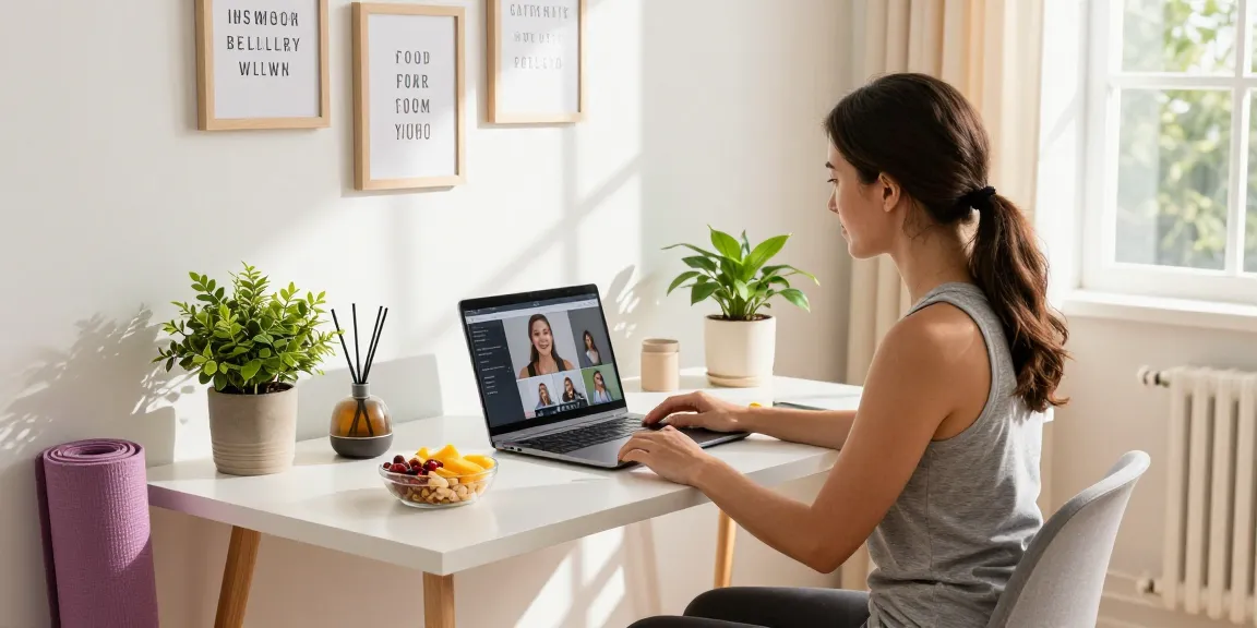 Wellness workspace at https://koiaminos.com, featuring a health coach in a bright home office with motivational quotes, plants, and healthy snacks.