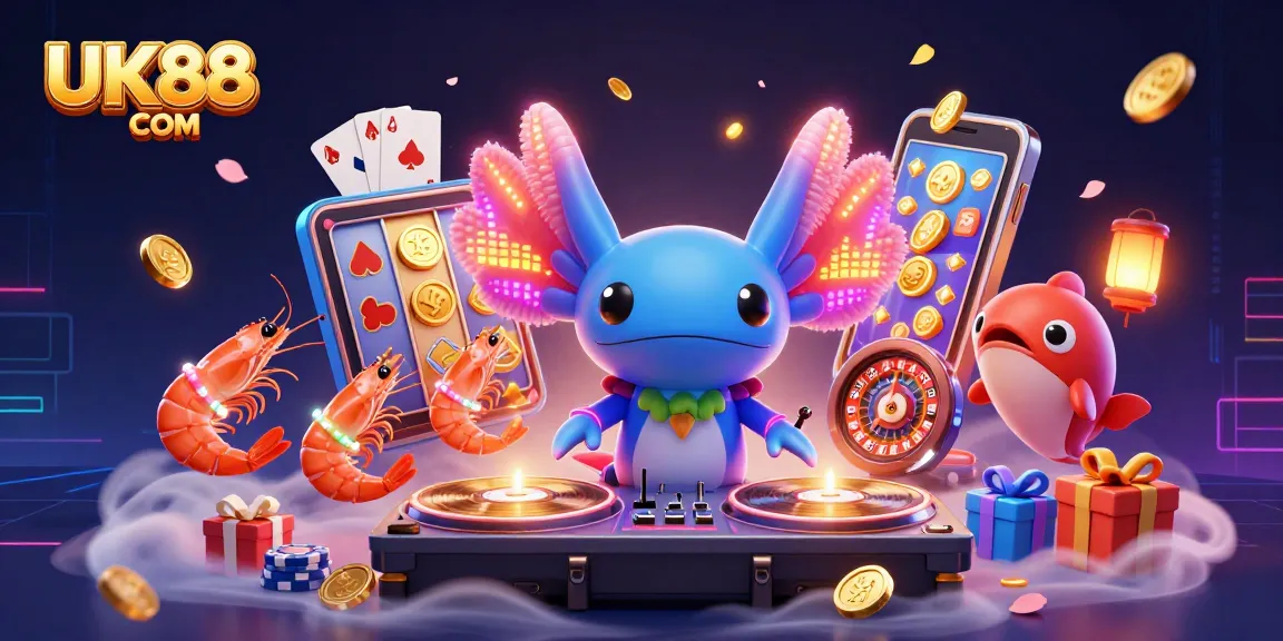 Catch the excitement at UK88 COM with vibrant casino action, featuring a charismatic axolotl DJ.