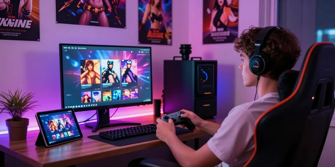 Immerse in the world of ero games with a vibrant gaming setup featuring colorful lights, a gaming chair, and enticing graphics.