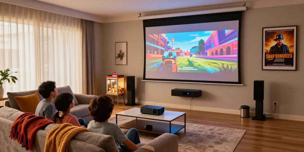 Family enjoying movie night with the best projector 2026 in a cozy home theater setting.