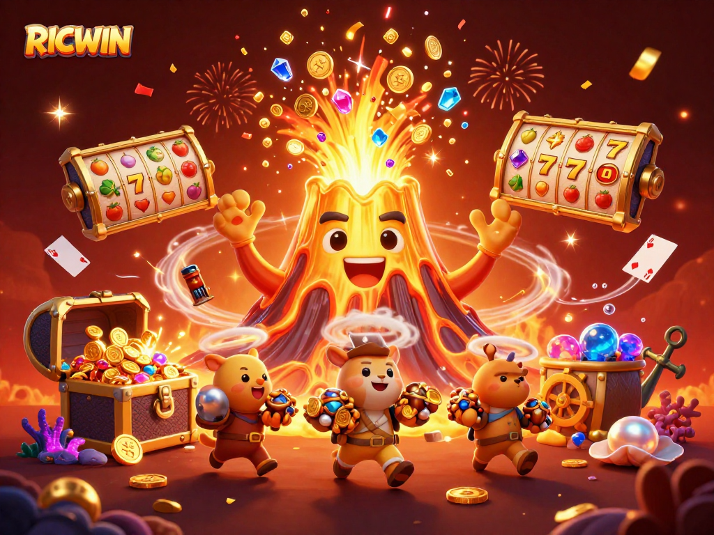 Experience RICWIN with a thrilling jackpot scene showcasing vibrant slots and treasure erupting.