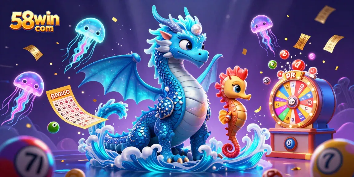 Experience the excitement of winning at 58win com with vibrant lottery elements and dynamic underwater characters.