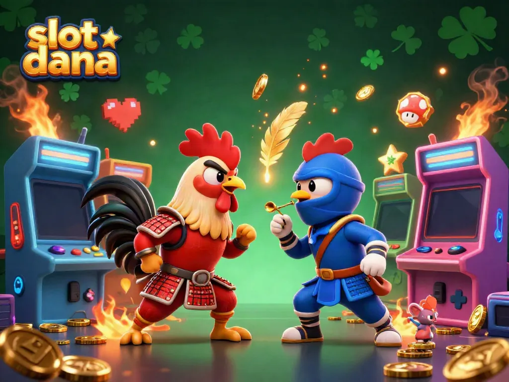 Experience the thrilling action of slot dana with 3D cartoon roosters in combat, gaming elements surrounding them.