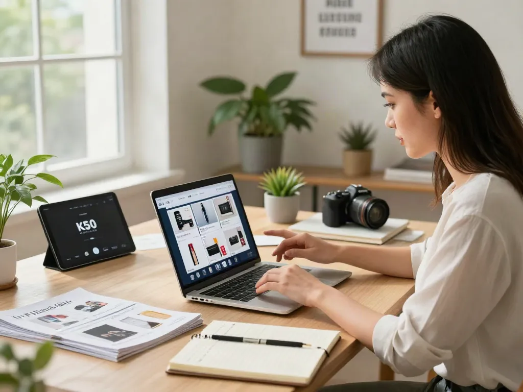 Professional woman considering a killer deal on her laptop in a stylish home office.