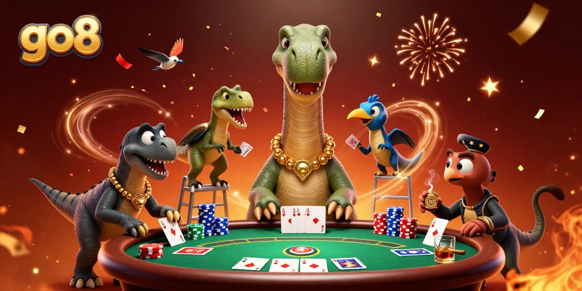 go8 features a brontosaurus engaging with a poker table, portraying a lively casino scene.