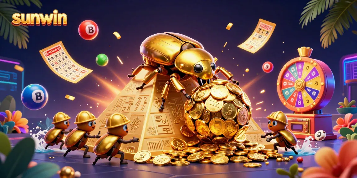 Experience sunwin's thrilling excitement with golden lottery balls and prizes in a vibrant casino scene.