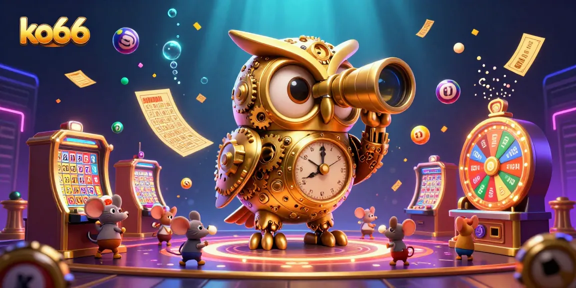 Experience the excitement of ko66 with a vibrant 3D casino scene showcasing a golden owl and lively slot machines.