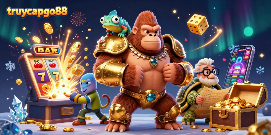 Experience the excitement of truycapgo88 with a vibrant casino scene featuring dynamic characters and slot elements.
