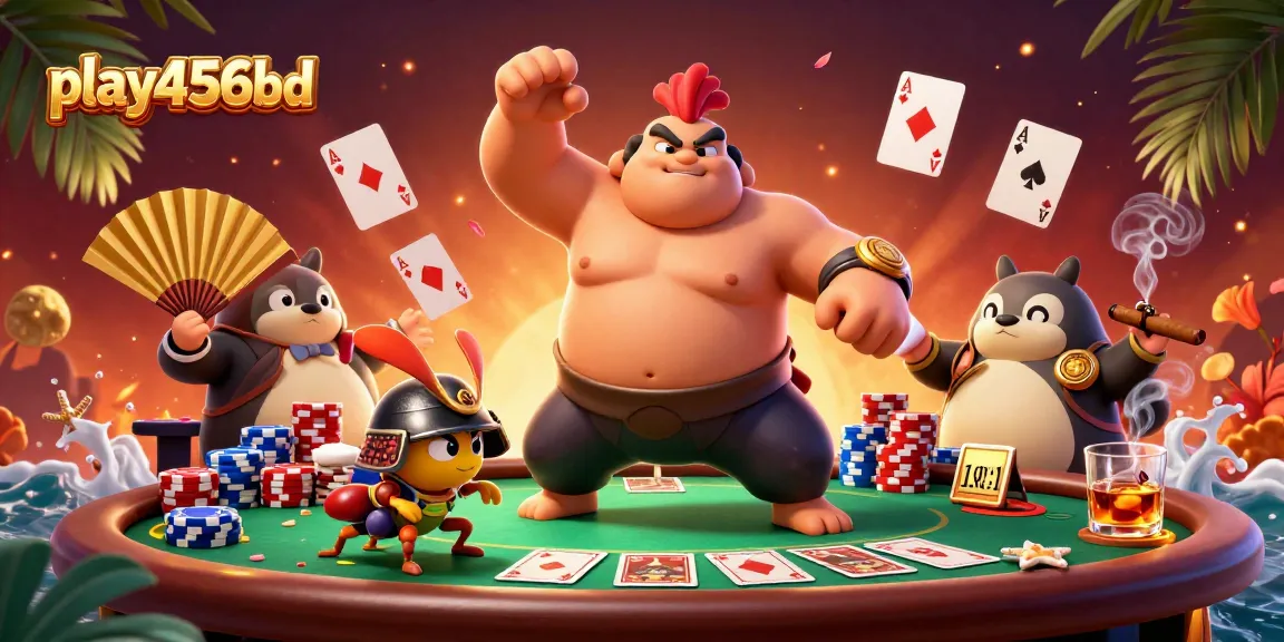 Engage with play456bd through an intense poker scene featuring a sumo wrestler rooster, fighting cricket, and tanuki announcer.