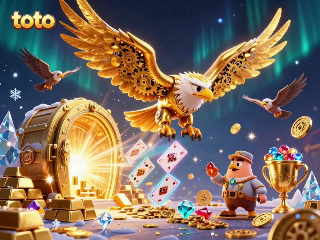 Experience the thrill of toto as the cybernetic eagle dives through holographic cards in a rich casino atmosphere.
