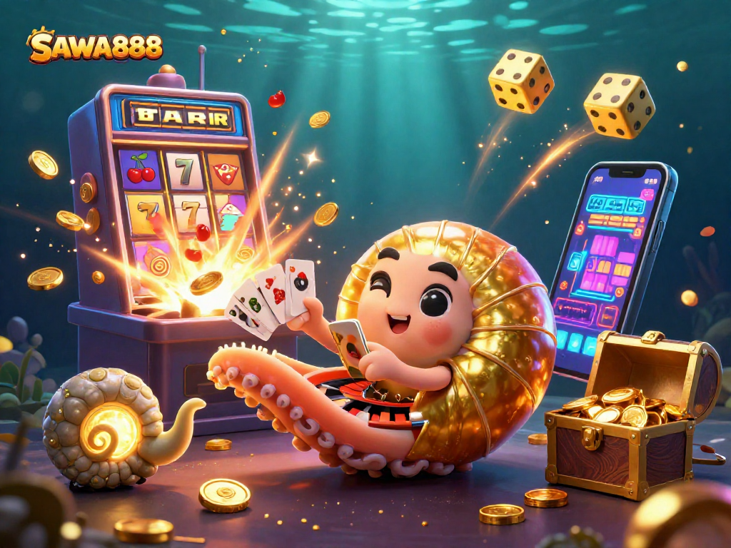 Spin to win at SAWA888 with vibrant casino elements and characters celebrating jackpots.