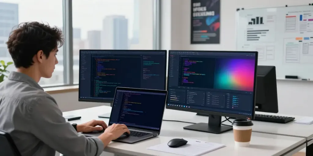 Developer working on instant indexing solutions in a vibrant tech office