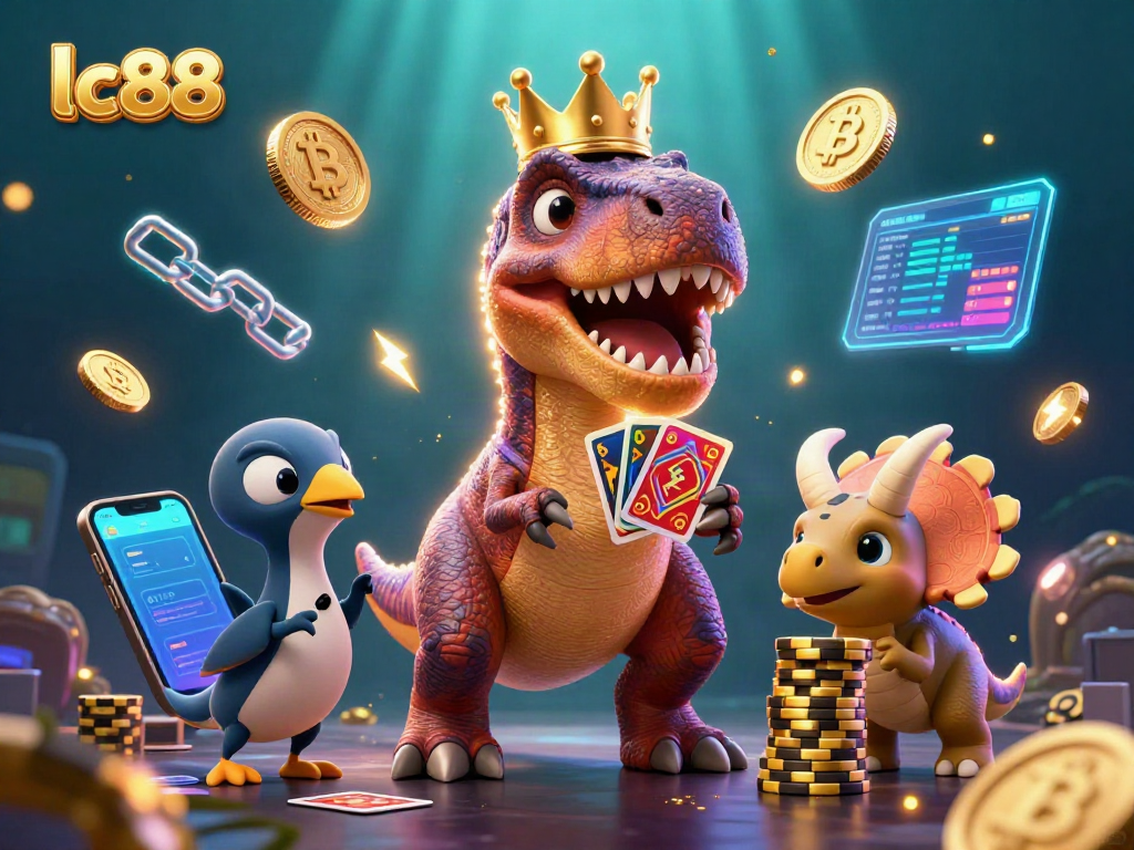 Engage with lc88 as a playful T-Rex shuffles cards while surrounded by glowing 3D gambling elements.