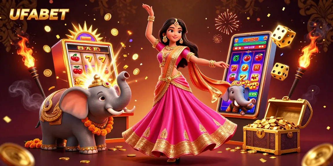 Spin the reels at UFABET with this vibrant casino illustration showcasing slots, cash, and excitement.