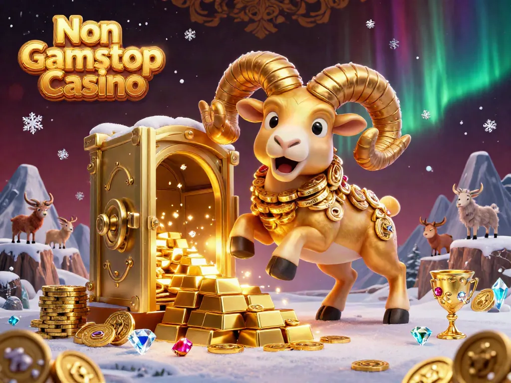 Experience vibrant wins in a Non Gamstop Casino with a golden ram charging through treasure, surrounded by riches.