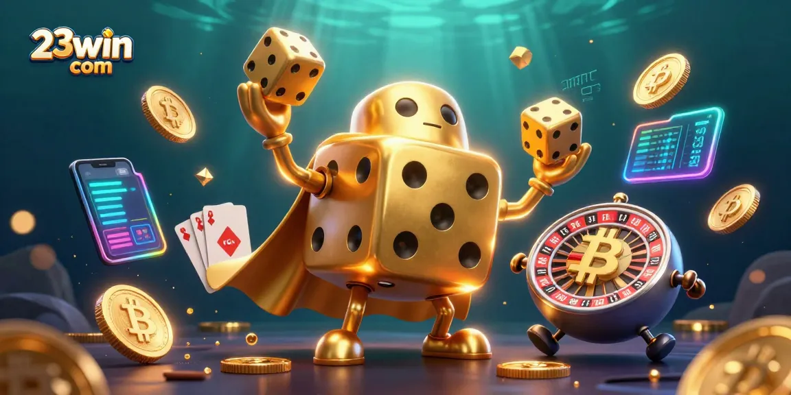 Engage with exciting games at 23win com featuring vibrant golden dice, crypto coins, and dynamic gaming elements.