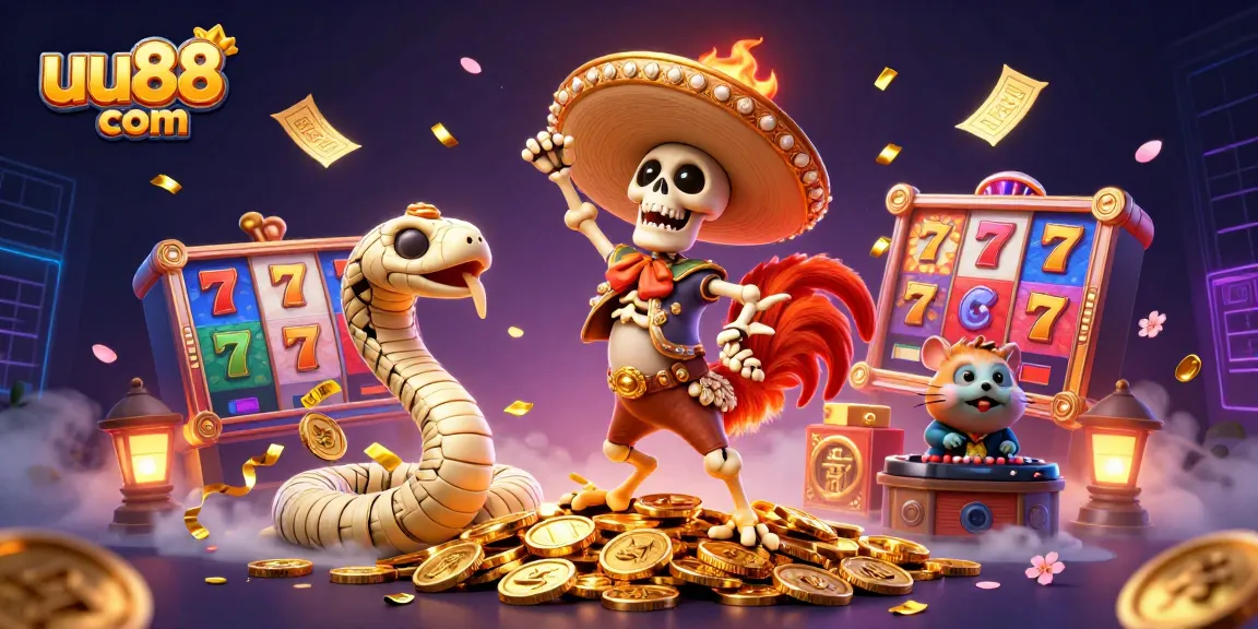 Experience excitement at uu88 com with a vibrant 3D scene featuring a mariachi rooster and dynamic slot game elements.