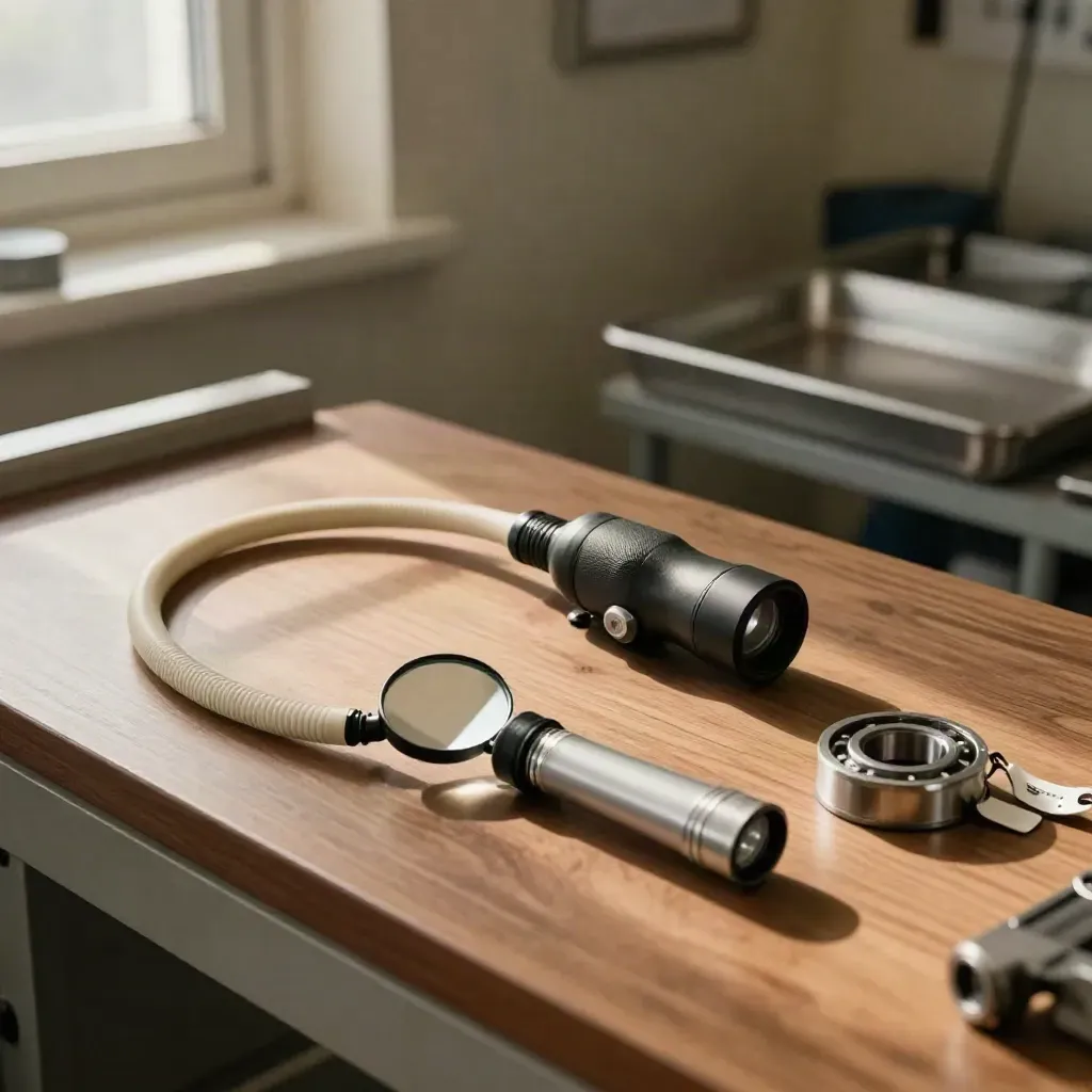 Top-down turbine inspection tools on a warm bench with bearing samples and soft window light.