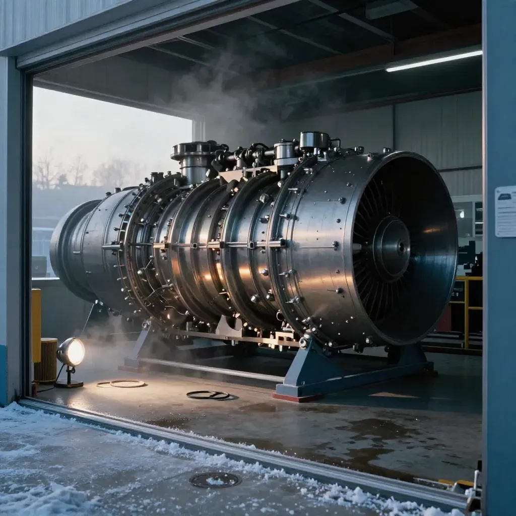 Open gas turbine bay with exposed casing, inspection lamp and steam haze in cold winter light.