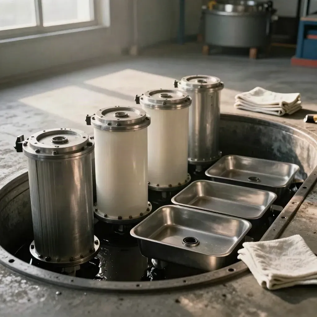 Turbine maintenance pit with oil sump, filter housings, gasket rings and drain pans in soft workshop light.