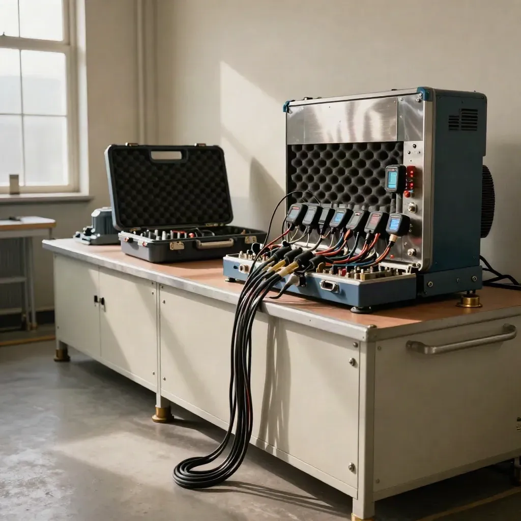 Vibration probe and diagnostic sensors beside a humming motor test stand with glowing indicators.