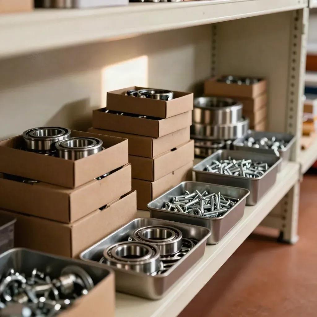 Spare turbine bearings and service kits stacked on pale shelves in a clean parts store.