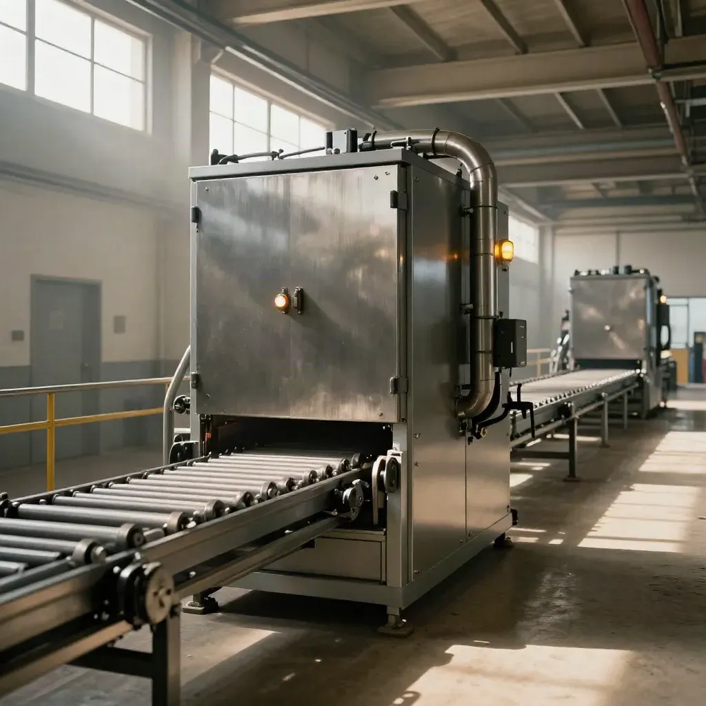 Factory drive cabinets and conveyor lane running smoothly in a warm industrial corridor.