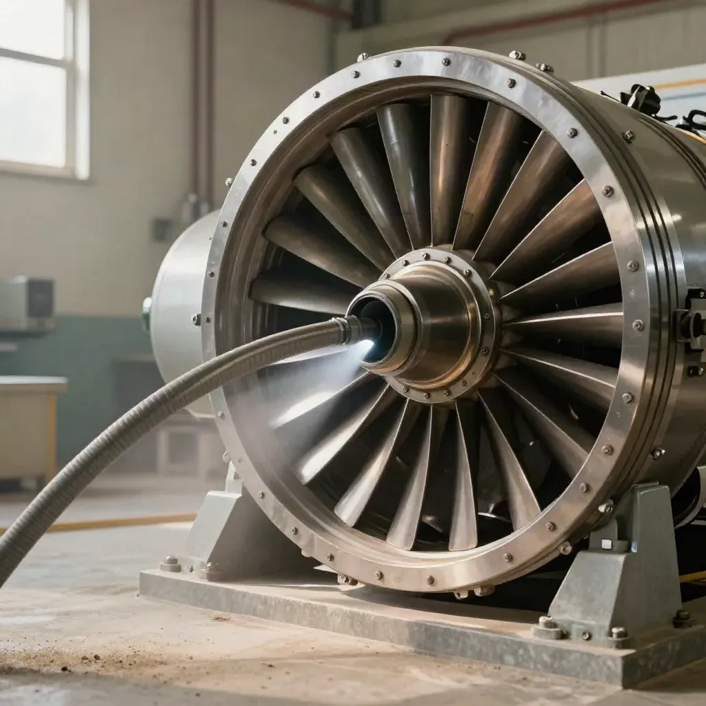 Open turbine casing with borescope light revealing worn blade tips in a clean plant setting.