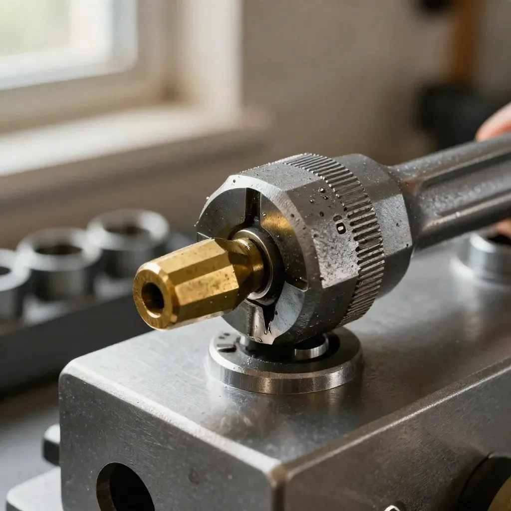 Extreme macro of turbine torque wrench head, socket rail and brass nib on brushed steel bench