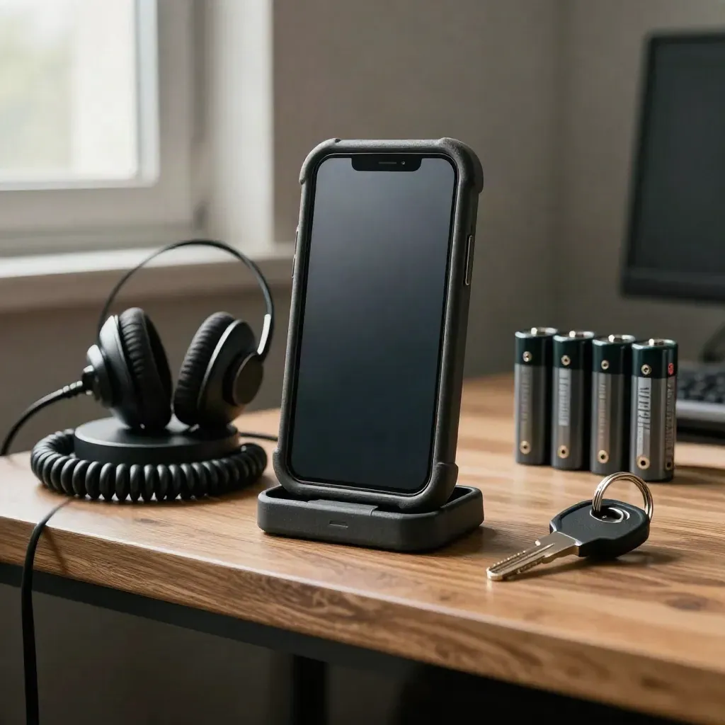 Industrial dispatch still life with rugged smartphone, headset base, batteries and access key.