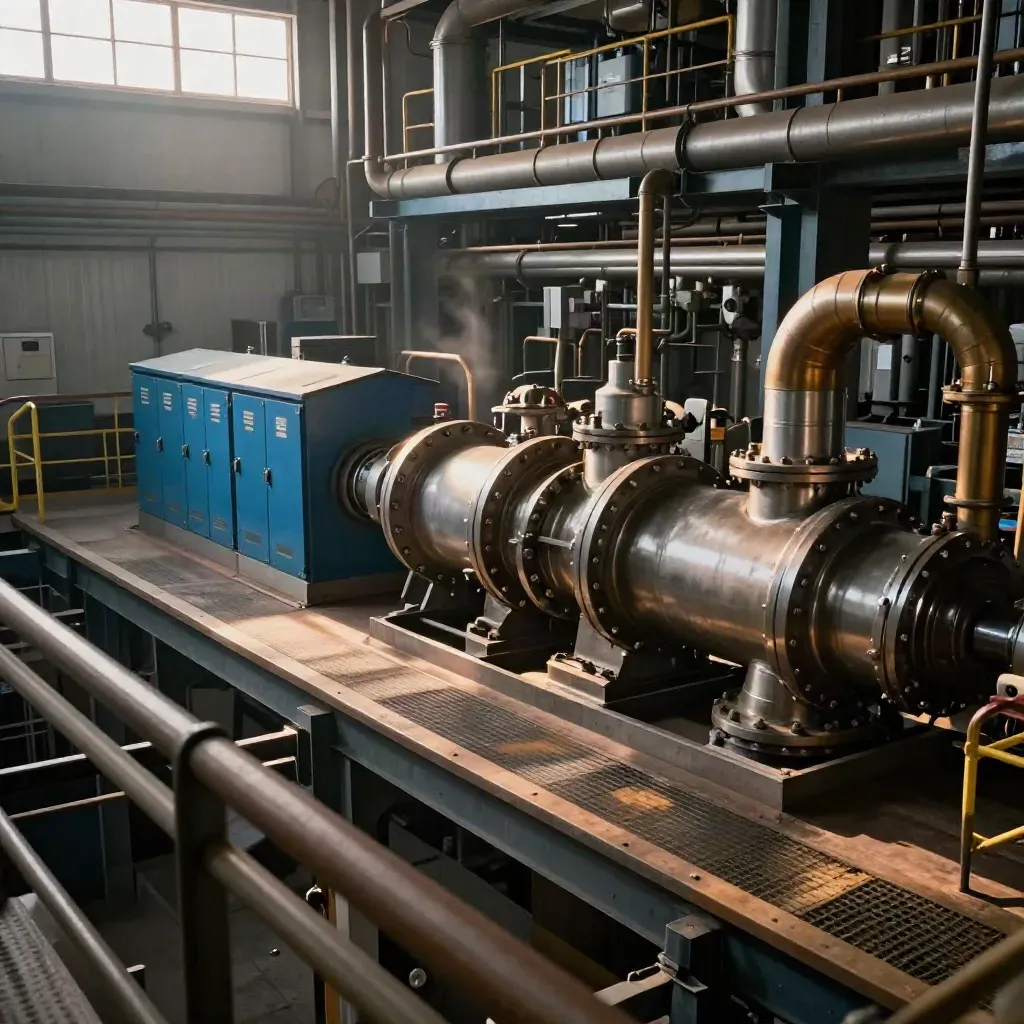 Catwalk view of an upgraded turbine deck with polished seal housings and steady exhaust haze.