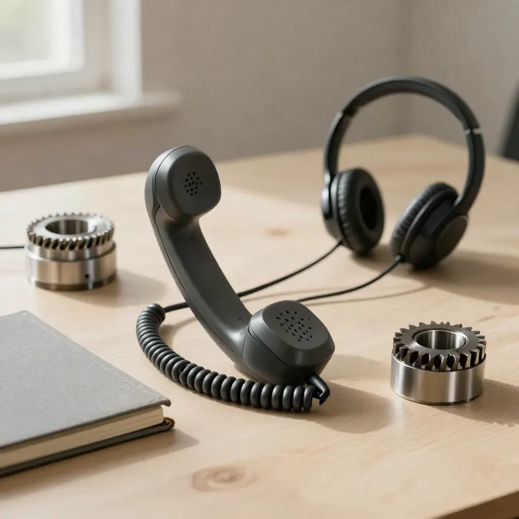 Industrial handset, headset base, logbook, and coupling sample on pale wood in soft side light.