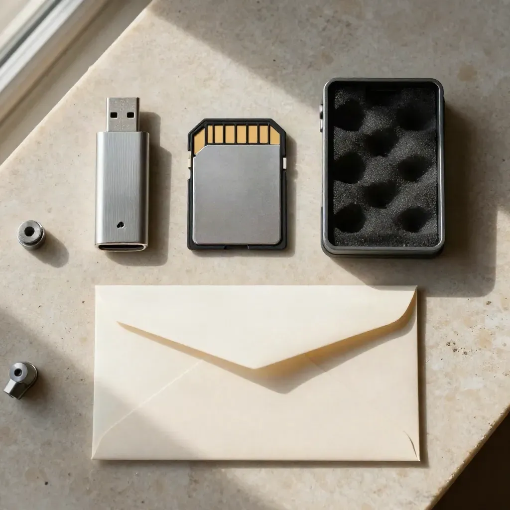 Overhead transfer bundle with memory card, USB drive, sealed envelope and parts case on pale stone.