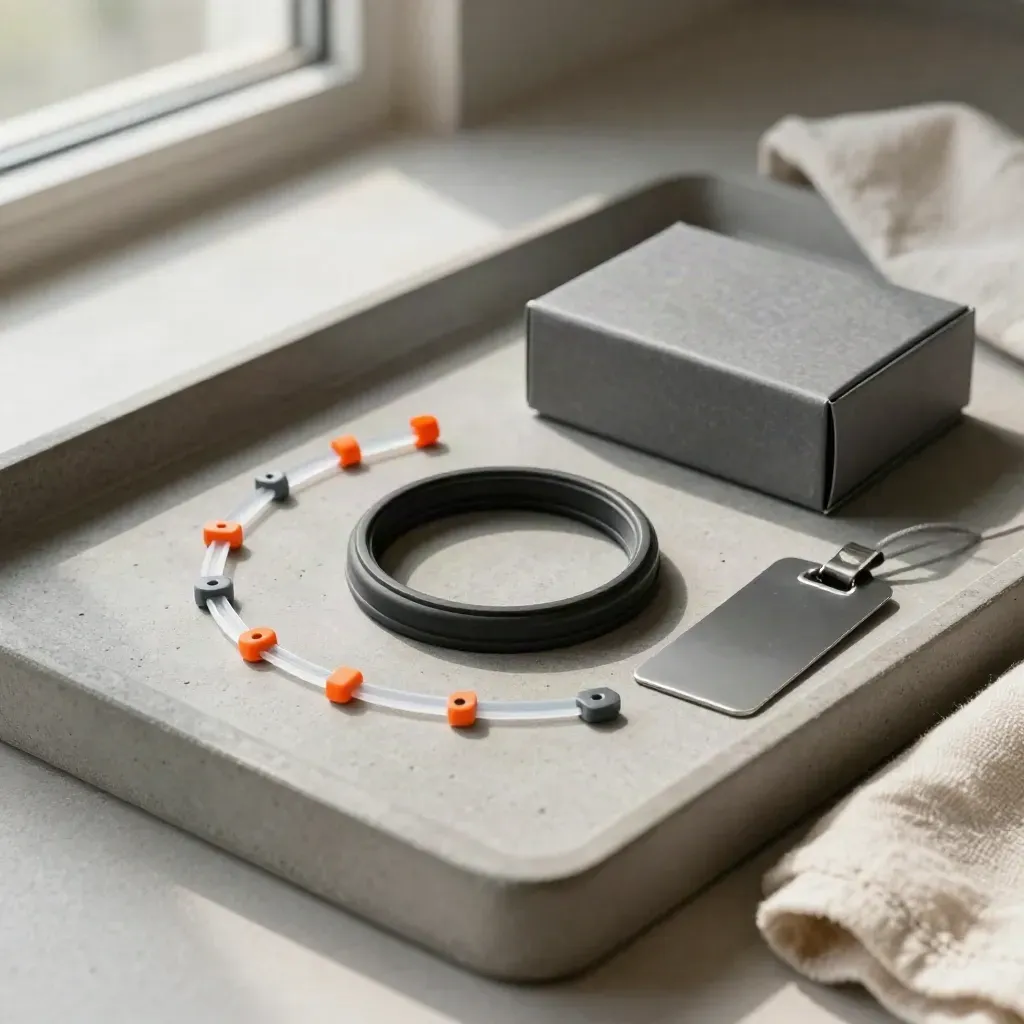 Gasket ring, parts box and cable ties arranged on a stone tray with soft daylight.