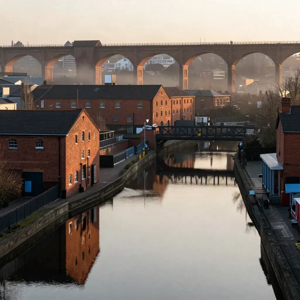 Golden-hour view of Birmingham canal basins and red-brick viaducts under warm haze.