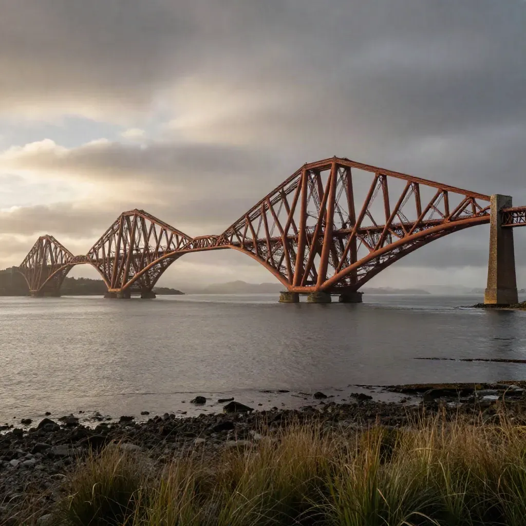 Forth Bridge glowing above slate water under a storm-bright Scottish sky at golden hour
