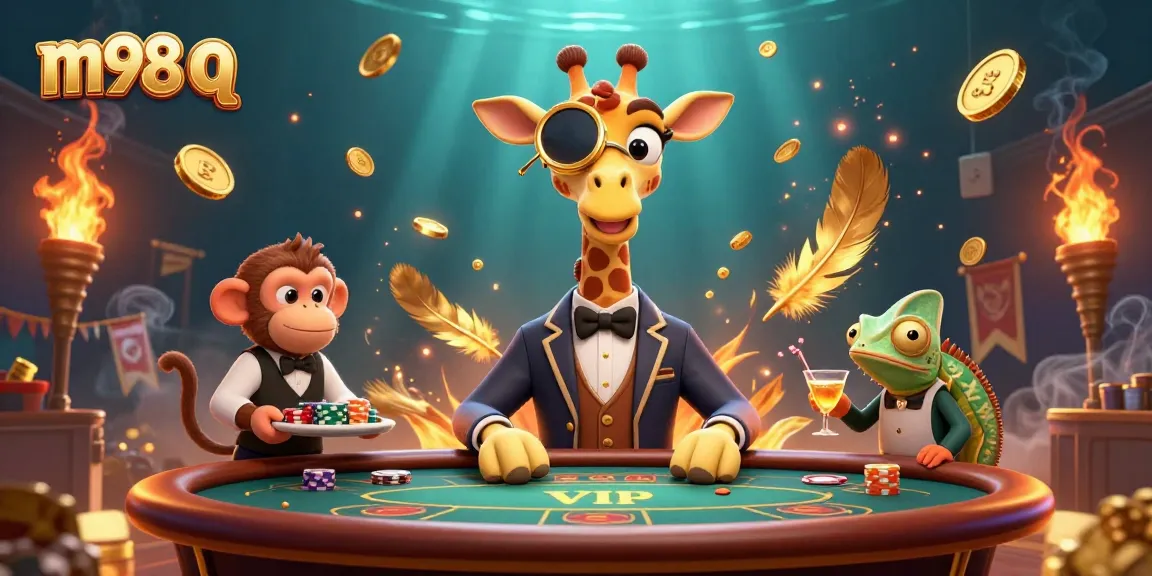Engage in thrilling games at m98 q with a high-roller giraffe and vibrant casino illustrations.