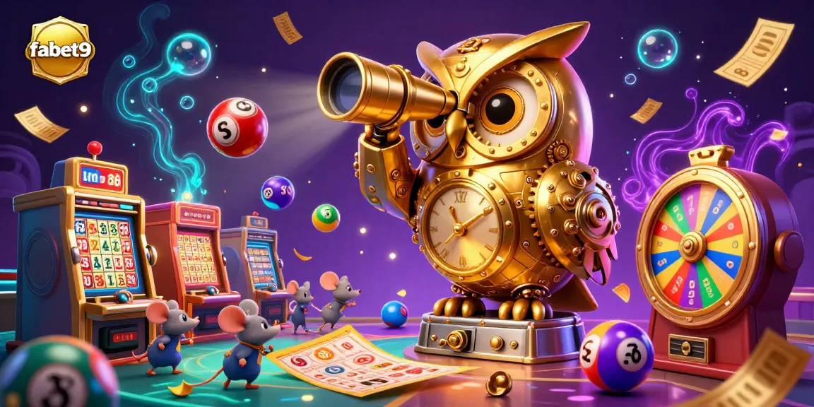 Engage with fabet9's vibrant casino scene featuring a clockwork owl overseeing playful lottery balls and exciting gaming elements.