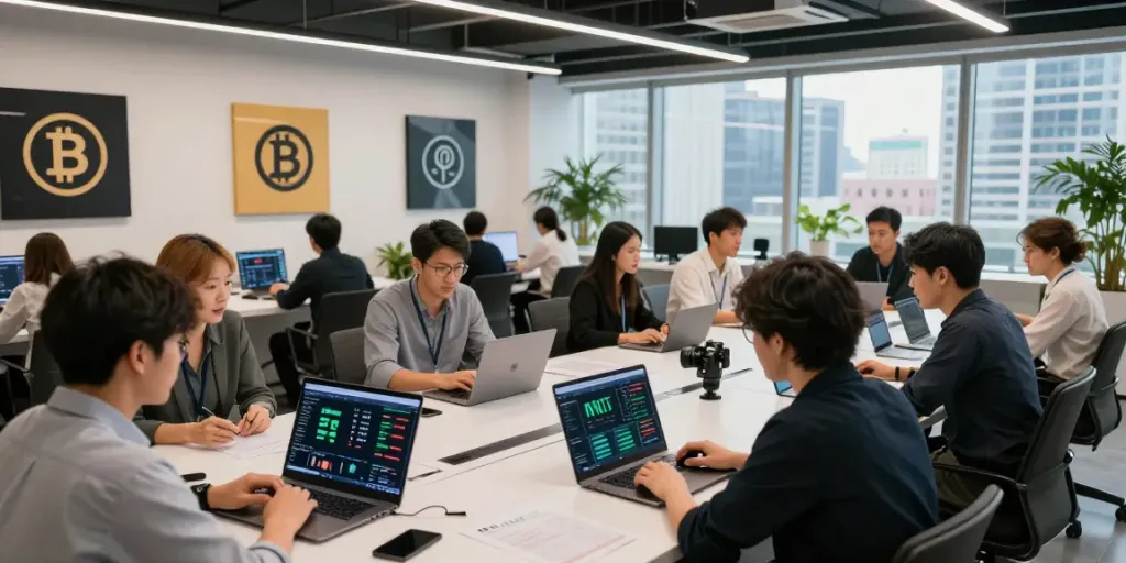 English Kick stream setup showing collaborative crypto trading with diverse professionals in modern workspace, featuring live blockchain analytics and NFT displays.